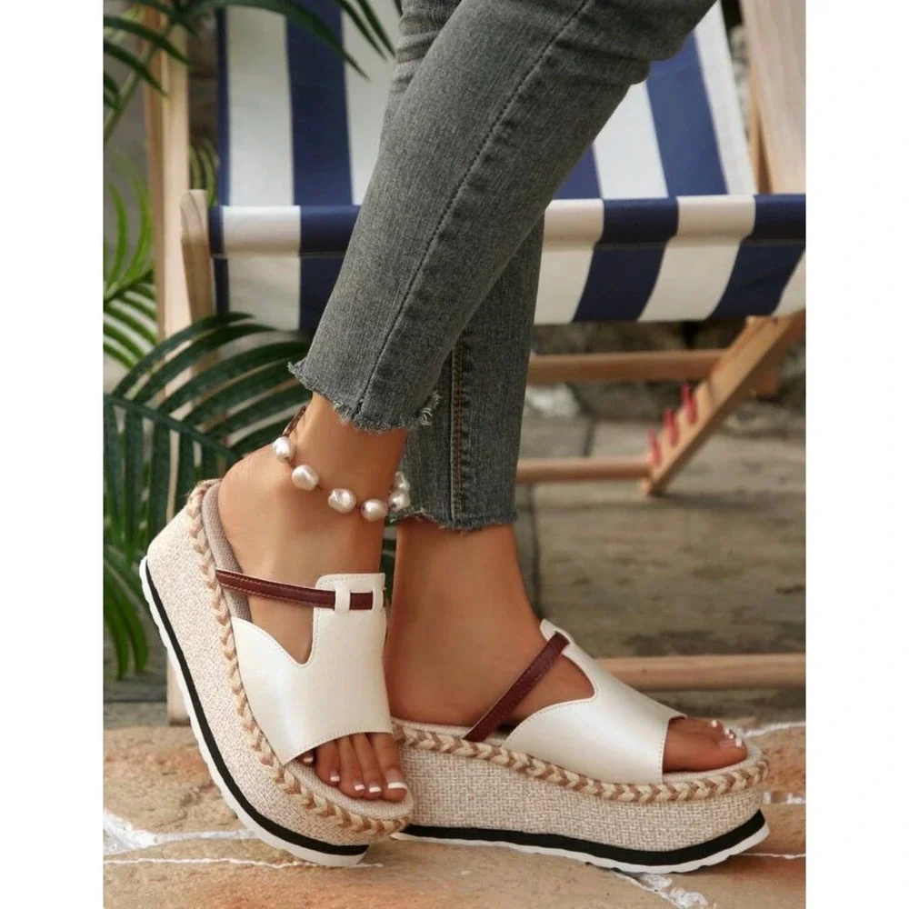 Cream Brown Espadrille Platform Wedge Sandals Mules Size 9 CN 41 Summer Boho